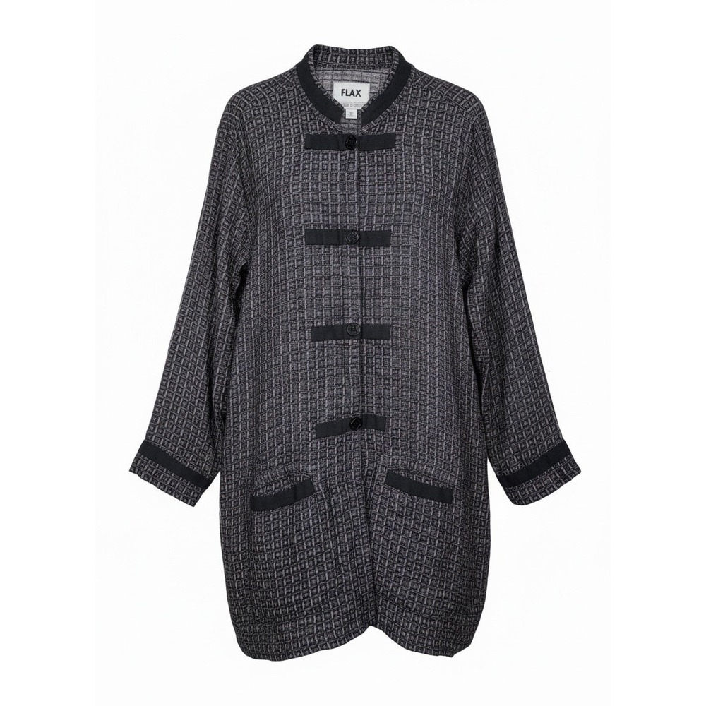 FLAX Linen Large Relaxed Fit Lagenlook Black Grid Pattern Jacket Mandarin Collar